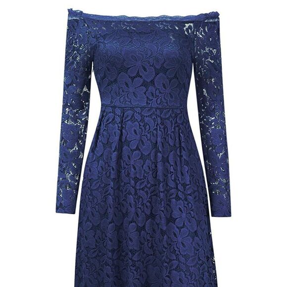 Off Shoulder Lace Retro Pinup Vintage 1950s Long Sleeves Swing Navy Dress L NWT - Picture 1 of 13